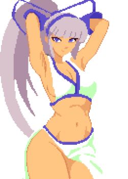 1girl arms_behind_head artist_name bikini bikini_top_only blue_eyes bottomless breasts cleavage curvy grey_hair hair_ribbon half-closed_eyes highres large_breasts legs long_hair looking_at_viewer majikina_mina navel partially_visible_vulva pixel_art ponytail ribbon samurai_spirits sarong seductive_gaze seductive_smile sideboob smile snk solo swimsuit tan thighs toned very_long_hair white_bikini