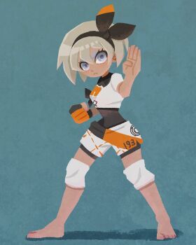 1girl :&lt; barefoot bea_(pokemon) black_bodysuit black_hairband blonde_hair bodysuit bodysuit_under_clothes bow_hairband clenched_hand closed_mouth commentary_request eyelashes fighting_stance full_body gloves grey_eyes hair_between_eyes hairband highres knee_pads legs_apart miclot nintendo partially_fingerless_gloves pokemon pokemon_swsh print_shirt shirt short_hair short_sleeves shorts single_glove solo standing white_shirt