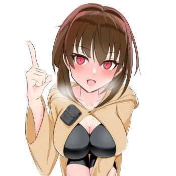 Rule 34 | blush, breasts, breath, brown hair, brown jacket, buttons, cleavage, hand up, highres, jacket, large breasts, leaning forward, nanasimakoma, open mouth, original, pointing, red eyes, sweat, talking, translation request, upturned eyes, white background