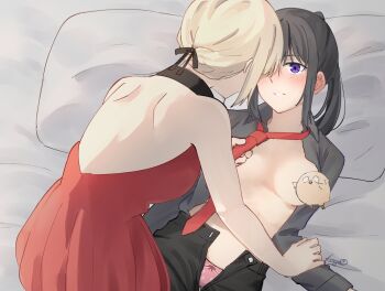 2girls absurdres backless_dress backless_outfit black_hair black_pants black_shirt blonde_hair blush breasts censored collared_shirt commentary dress highres inoue_takina kage_ochi long_hair looking_at_another lycoris_recoil medium_breasts multiple_girls necktie nishikigi_chisato novelty_censor on_bed open_clothes open_shirt panties pants parted_lips pillow pink_panties ponytail purple_eyes red_dress red_necktie shirt underwear yuri