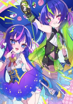 2girls absurdres ahoge bare_arms beamed_eighth_notes belt black_gloves black_shorts blonde_hair blue_boots blue_eyes blue_hair blue_nails blue_skirt blue_wrist_cuffs blush boots bracelet braid buttons c-clef_(symbol) center_frills chain collared_shirt colored_inner_hair commentary_request contrast_collar eel_hat eighth_note facepaint fang fangs finger_to_face fingerless_gloves flower forte_(symbol) frilled_shirt frilled_skirt frills gloves gradient_clothes gradient_hair gradient_skirt green_belt green_eyes green_hair green_necktie green_overskirt green_streaks grin hair_ornament hat hat_ornament hat_ribbon heart highres holding holding_microphone holding_microphone_stand irodorikaeru jewelry large_hat lightning_bolt_symbol long_hair looking_at_viewer low-braided_long_hair low-tied_long_hair low_twintails microphone microphone_stand multicolored_eyes multicolored_hair multiple_girls multiple_persona musical_note musical_note_print nail_polish navel neck_ribbon necktie notice_lines one_eye_closed otomachi_una otomachi_una_(vocaloid6_spicy) otomachi_una_(vocaloid6_sugar) pantyhose piano_print pink_eyes pink_hair pink_nails pink_streaks print_socks purple_eyes purple_skirt ribbon see-through_clothes see-through_necktie see-through_overskirt see-through_skirt shirt short_shorts shorts sidelocks skin_fangs skirt sleeveless sleeveless_shirt smile socks sparkle_hair_ornament sparkle_hat_ornament star_(symbol) star_hair_ornament star_hat_ornament streaked_hair tie_clip tongue tongue_out torn_clothes torn_pantyhose twintails v-shaped_eyebrows very_long_hair vocaloid white_shirt wrist_cuffs yellow_trim