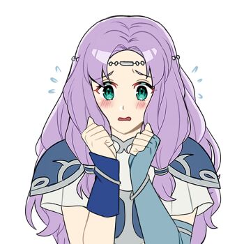 Rule 34 | 1girl, armor, blush, circlet, commentary, dress, elbow gloves, fingerless gloves, fire emblem, fire emblem: the blazing blade, florina (fire emblem), flying sweatdrops, gloves, green eyes, long hair, looking at viewer, maji (majibomber), nervous, nintendo, open mouth, pauldrons, purple hair, short sleeves, shoulder armor, single elbow glove, solo, untranslatable commentary, upper body, white background, white dress