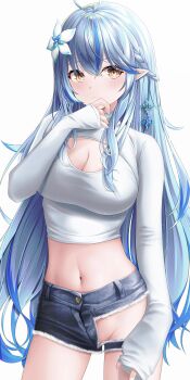 1girl absurdres aqua_hair artist_request blush breasts cleavage_cutout closed_mouth clothing_cutout crop_top cutoffs denim denim_shorts flower hair_flower hair_ornament hand_on_chin highres large_breasts long_hair long_sleeves looking_at_viewer micro_shorts midriff navel no_bra pointy_ears pussy pussy_peek short_shorts shorts simple_background sleeves_past_wrists standing thighs torn_clothes torn_shorts white_background yellow_eyes