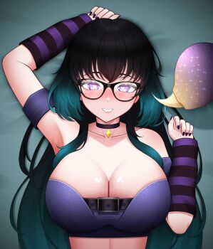 1girl absurdres arm_up armpits black_choker black_hair black_nails blue_hair blush breasts choker cleavage collarbone commentary commission crop_top drey525 english_commentary fingernails glasses gradient_hair hand_up heart heart-shaped_pupils highres indie_virtual_youtuber kiakuromi_(vtuber) large_breasts long_hair looking_at_viewer multicolored_hair nail_polish purple_arm_warmers purple_eyes smile solo striped_arm_warmers symbol-shaped_pupils upper_body virtual_youtuber