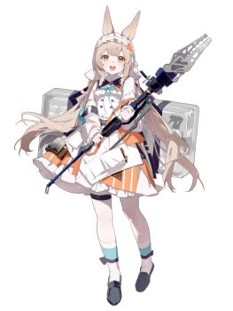 1girl :d absurdres animal_ears black_background bow brown_eyes brown_hair chinese_commentary commentary_request dress full_body gloves highres holding holding_staff long_hair long_sleeves looking_at_viewer low_twintails open_mouth original rabbit_ears shimu_lingzi shoes simple_background smile socks solo staff standing teeth twintails upper_teeth_only very_long_hair white_dress white_gloves yellow_eyes