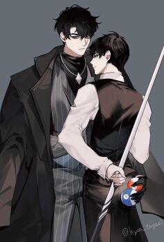 2boys alternate_costume ball billiard_ball black_coat black_eyes black_gloves black_hair black_shirt coat cue_stick curtained_hair gloves heterochromia highres holding holding_ball holding_behind_back holding_cue_stick kim_dokja kyou_tayaoi long_sleeves looking_at_viewer looking_back male_focus multiple_boys omniscient_reader&#039;s_viewpoint scar scar_across_eye scar_on_face secretive_plotter shirt short_hair smirk striped_clothes striped_vest vest white_shirt yellow_eyes yoo_joonghyuk