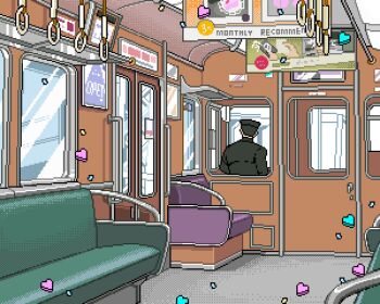 Rule 34 | 1boy, black hair, black hat, commentary, dithering, english commentary, facing away, hand grip, hat, highres, original, pixel art, scenery, short hair, sign, solo, train conductor, train interior, window, yuyu e