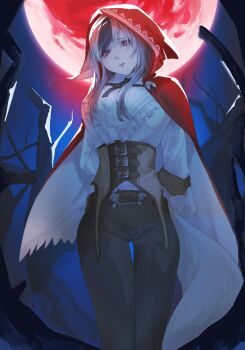 1girl animal_ears arms_behind_back black_hair breasts brown_corset brown_gloves cape closed_mouth commentary_request corset fire_emblem fire_emblem_fates full_moon gloves grey_hair grey_tail highres holding_own_arm hood hood_up hooded_cape large_breasts long_hair long_sleeves looking_at_viewer moon multicolored_hair night nintendo red_eyes red_hood red_moon saki_ttx shirt solo streaked_hair tail two-tone_hair velouria_(fire_emblem) white_shirt wolf_ears wolf_girl wolf_tail