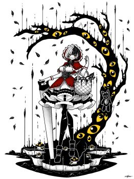 1girl alternate_costume ankle_boots arjuna_625 bare_tree basket black_boots black_bow black_bowtie black_corset black_hair black_pantyhose boots bow bowtie breasts capelet commentary corset cosplay crossed_legs disembodied_eye dress english_commentary falling_leaves faux_figurine full_body gloves hand_saw highres hololive hololive_english hood hood_up hooded_capelet ink large_breasts leaf little_red_riding_hood_(fairy_tale) little_red_riding_hood_(fairy_tale_character) little_red_riding_hood_(fairy_tale_character)_(cosplay) looking_at_viewer multicolored_hair mushroom open_mouth pantyhose red_capelet red_hood saw shiori_novella short_hair signature smile solo split-color_hair standing stuffed_animal stuffed_toy stuffed_wolf tree two-tone_hair virtual_youtuber white_dress white_gloves white_hair yellow_eyes