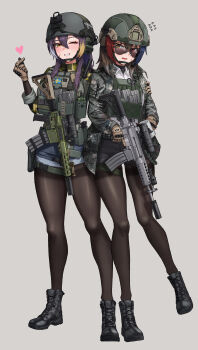 2girls absurdres alina_svard_kovalenko_(laotianaviator) ammunition_pouch annoyed assault_rifle aviator_sunglasses belt black_boots black_pantyhose black_shorts blonde_hair blue_hair blue_shorts blush boots brown_gloves brown_hair bt_(user_udwc7853) buckle camouflage camouflage_jacket collared_shirt colored_inner_hair colored_tips combat_boots combat_helmet commentary commission denim denim_shorts dress_shirt ear_protection english_commentary finger_heart flying_sweatdrops foregrip full_body gloves green_belt green_jacket grey_background grey_hair grin gun hair_between_eyes heart helmet heterochromia highres holding holding_gun holding_weapon holster jacket laser_sight load_bearing_vest looking_at_another looking_at_viewer magazine_(weapon) multicolored_hair multiple_girls one_eye_closed open_clothes open_jacket open_mouth optical_sight original pantyhose pouch purple_hair red_eyes red_hair rifle scissors seoyun_kovalenko_(laotianaviator) shirt short_shorts shorts side-by-side simple_background small_sweatdrop smile snap-fit_buckle standing sunglasses suppressor tactical_clothes thigh_belt thigh_strap thighband_pantyhose trigger_discipline walkie-talkie weapon weapon_request white_background white_shirt yellow_eyes