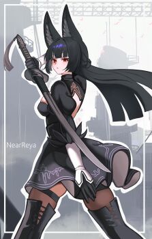 2b_(nier:automata) 2b_(nier:automata)_(cosplay) absurdres animal_ears black_hair black_skirt black_thighhighs breasts brown_pantyhose by_nearreya cosplay fox_ears hashtag-only_commentary highres holding holding_sword holding_weapon hoshimi_miyabi large_breasts long_hair looking_at_viewer looking_back nier:automata nier_(series) pantyhose red_eyes signature skirt sword thigh_strap thighhighs weapon zenless_zone_zero