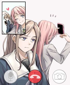 Rule 34 | 2girls, bang dream!, bang dream! it's mygo!!!!!, blue eyes, blue shirt, brown hair, chihaya anon, commentary, crimppp77, fake screenshot, grey jacket, half-heart arms, haneoka school uniform, heart, highres, jacket, korean commentary, long hair, long sleeves, multiple girls, nagasaki soyo, pink hair, school uniform, selfie, shirt, sidelocks, tsukinomori school uniform, yuri