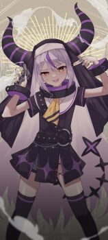 1girl :d absurdres ascot bandaid bandaid_on_face black_dress black_nails black_thighhighs black_veil braid braided_bangs chain demon_horns dress grey_hair gun handgun highres holding holding_gun holding_weapon hololive horns kamippoina_(vocaloid) la+_darknesss long_hair looking_at_viewer multicolored_hair nail_(hardware) nail_polish nun open_mouth profnote purple_hair short_sleeves smile solo streaked_hair tail thighhighs veil very_long_hair virtual_youtuber vocaloid weapon yellow_ascot yellow_eyes