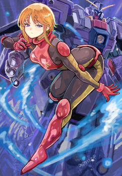 1girl 2025 ass black_bodysuit bodysuit boots commentary_request dated elpeo_puru gundam gundam_zz highres looking_at_viewer mecha_pilot_suit okrdisk2000 orange_hair purple_eyes red_boots short_hair solo