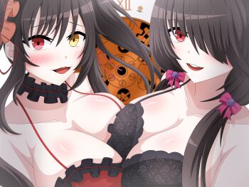 2girls absurdres asymmetrical_docking azur_lane bikini black_bra black_hair blush bra breast_press breasts cleavage clock_eyes collarbone commentary_request date_a_live dual_persona frilled_bikini frilled_hairband frills gears hair_over_one_eye hair_ribbon hairband heterochromia highres huge_breasts lace lace-trimmed_bra lace_trim lingerie looking_at_viewer low_twintails multiple_girls official_alternate_costume open_mouth otozato_yomi pink_ribbon red_bikini red_eyes ribbon swimsuit symbol-shaped_pupils tokisaki_kurumi tokisaki_kurumi_(spirit) tokisaki_kurumi_(twin_rose) twintails underwear upper_body yellow_eyes