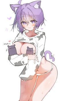 1girl absurdres ahoge animal_ears breast_cutouts breasts cat_ears cat_girl cat_tail censored character_censor chocosong commentary_request cow_print_hoodie cow_print_panties cowboy_shot cropped_shirt highres hololive hololive_english hood hoodie large_breasts long_sleeves looking_at_viewer navel nekomata_okayu no_pants novelty_censor panties purple_eyes purple_hair short_hair simple_background solo stomach tail takodachi_(ninomae_ina'nis) underwear virtual_youtuber white_background white_hoodie white_panties
