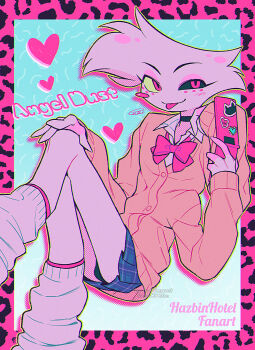 1boy :3 absurdres angel_dust animal_print aqua_background black_choker black_panties black_sclera blue_skirt border bow bowtie brown_cardigan buttons cardigan cellphone character_name choker chromatic_aberration closed_mouth collared_shirt colored_sclera commentary_request copyright_name crossdressing crossdressing_(mtf) crossed_legs extra_arms eyeshadow facial_mark feet_out_of_frame fewer_digits film_grain flip_phone furry furry_male gradient_background gyaru halftone halftone_background hand_on_own_knee hands_up hazbin_hotel heart hellaverse highres holding holding_phone invisible_chair kneehighs knees_up leopard_print long_sleeves looking_at_viewer loose_socks makeup male_focus menma_(enaic31) microskirt mismatched_sclera outline outside_border panties pantyshot phone pink_border pink_bow pink_bowtie pink_eyes pink_eyeshadow plaid_clothes plaid_skirt pleated_skirt puffy_long_sleeves puffy_sleeves school_uniform shirt signature simple_background sitting skirt socks solo tongue tongue_out twitter_username underwear watermark white_background white_fur white_shirt white_socks yellow_outline yellow_sclera