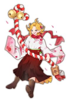 1girl ahoge alternate_costume alternate_hairstyle blonde_hair blue_eyes blush boots braid brown_boots brown_hakama brown_skirt bun_with_braided_base commentary curtained_hair dokibird ear_piercing earclip english_commentary falling_petals feather_hair flat_chest floral_print floral_print_kimono full_body furisode_sleeves hair_bun hair_wings hakama hakama_skirt highres holding holding_rope indie_virtual_youtuber japanese_clothes kimono knee_boots kouhaku_nawa looking_at_viewer open_mouth petals piercing pointy_ears print_kimono ramwing1 red_hakama red_scarf red_skirt rope scarf shimenawa short_hair simple_background single_hair_bun skirt solo spiked_hair v-shaped_eyebrows virtual_youtuber white_background white_kimono