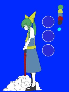 Rule 34 | 1girl, black shoes, blue background, blue dress, bow, chinese commentary, chutougao, closed eyes, color guide, colored skin, commentary request, cookie (touhou), daiyousei, diyusi (cookie), dress, expressionless, full body, green hair, hair bow, hide (acceed), high-visibility clothing, high-visibility vest, high ponytail, highres, long hair, manatsu no yo no inmu, offside: diyusi, open mouth, pinafore dress, ponytail, shirt, shoes, short sleeves, simple background, sleeveless, sleeveless dress, socks, solo, standing, touhou, traffic baton, white shirt, white skin, white socks, yellow bow