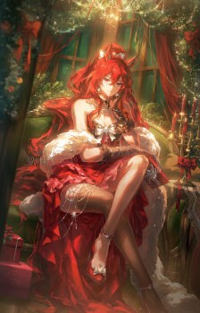 1girl alternate_costume animal_ear_fluff animal_ears anklet arknights artist_name bare_shoulders black_bow black_choker black_gloves black_skirt bow bowtie box candle candlestand chandelier choker closed_mouth couch dress earrings elbow_gloves extra_ears feather_boa frilled_dress frilled_gloves frills gift gift_box gloves hair_bow hand_on_own_cheek hand_on_own_face helen_zzhao high_heels high_ponytail highres holding holding_gift horse_ears horse_girl horse_tail indoors jewelry layered_dress long_hair looking_at_viewer narantuya_(arknights) on_couch ponytail red_dress red_eyes red_hair red_shoes ribbon_choker shoes single_thighhigh skirt smile solo strapless strapless_dress table tail tassel thighhighs twitter_username very_long_hair white_bow window