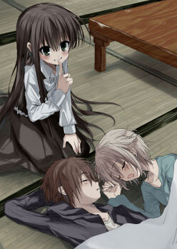 1girl 2boys architecture black_hoodie black_skin black_vest blanket blue_shirt bow bowtie brown_hair child closed_eyes collarbone collared_shirt colored_skin east_asian_architecture facing_to_the_side finger_to_mouth frilled_vest frills green_eyes greyscale hair_between_eyes hair_flaps hand_on_own_knee hand_rest hand_up head_on_hand highres hood hoodie index_finger_raised indoors kasukasugom1 kusanagi_naoya long_hair long_skirt long_sleeves looking_at_viewer lying monochrome multiple_boys natsume_ai natsume_kei_(sakura_no_uta) on_back on_side open_mouth parted_lips sakura_no_toki sakura_no_uta seiza shared_blanket shirt short_hair shushing sitting skirt sleeping smile snoring straight_hair teeth very_long_hair vest white_bow white_bowtie white_hair white_shirt