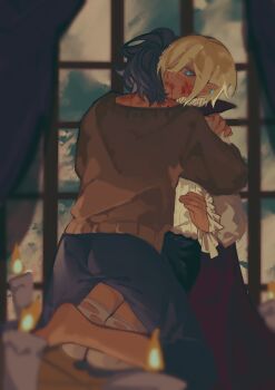 2boys absurdres aoba_tsumugi arms_around_neck ass barefoot biting black_cape black_shorts bleeding blonde_hair blood blood_from_mouth blood_on_face blood_on_neck blue_eyes blue_hair blue_pants bow bright_pupils brown_sweater candle cape chinese_commentary collared_cape commentary_request curtains drinking_blood ear_piercing ensemble_stars! fire frilled_sleeves frills from_behind full_body hair_over_one_eye high-waist_shorts high_collar highres hug injury kneeling long_sleeves luofengji male_focus messy_hair monsterification multiple_boys neck_biting pants piercing pointy_ears puffy_long_sleeves puffy_sleeves red_cape shirt short_hair shorts sitting sitting_on_lap sitting_on_person sleeve_bow sleeves_past_wrists sweater tenshouin_eichi thighhighs torn_clothes torn_thighhighs two-sided_cape two-sided_fabric vampire white_bow white_pupils white_shirt white_thighhighs window yaoi