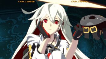 1girl 3d animated animated_gif arc_system_works ass candy female_focus fingernails_over_gloves food game_screenshot guilty_gear guilty_gear_xrd halo jack-o&#039;_valentine jewelry lollipop long_hair looking_at_viewer multicolored_hair necklace red_eyes red_hair solo subtitled two-tone_hair video_game_screencap white_hair