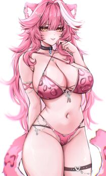Rule 34 | 1girl, absurdres, alternate costume, animal ears, arm behind back, bare shoulders, bikini, blush, breasts, cleavage, collarbone, commentary, english commentary, hair between eyes, hand up, highres, hololive, hololive english, large breasts, long hair, mokiemokki, navel, panther ears, panther girl, panther tail, parted lips, pink bikini, pink hair, pink tail, raora panthera, simple background, solo, swimsuit, tail, thigh strap, thighhighs, very long hair, virtual youtuber, white background, yellow eyes