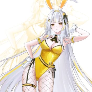 Rule 34 | 1girl, animal ears, arm up, armband, armpits, arrow hair ornament, bare shoulders, black survival, blunt bangs, breasts, cleavage, colored inner hair, commentary, detached collar, arrow symbol hair ornament, eternal return: black survival, fake animal ears, fishnet pantyhose, fishnets, frilled armband, frills, garter straps, gloves, gold leotard, groin, hair intakes, hair ornament, hair ribbon, hand on own hip, hashtag-only commentary, highres, large breasts, leotard, long hair, looking at viewer, minami rio, minami rio (winning shot), multicolored hair, official alternate costume, pantyhose, parted lips, playboy bunny, rabbit ears, ribbon, side-tie leotard, sidelocks, single garter strap, solo, soseongier, standing, streaked hair, symbol-only commentary, thigh strap, thighs, very long hair, white background, white gloves, white hair, white wrist cuffs, wrist cuffs, yellow eyes, yellow leotard, zoom layer