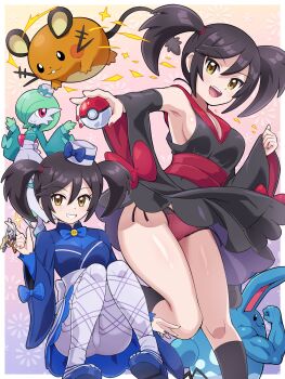 1girl absurdres azumarill bare_shoulders black_hair black_kimono black_socks blue_bow blush bow breasts brown_eyes commentary_request dedenne detached_sleeves dress furisode furisode_girl_(pokemon) furisode_girl_kali gardevoir gen_2_pokemon gen_3_pokemon gen_6_pokemon hat highres holding holding_poke_ball japanese_clothes kimono klefki kneehighs long_hair looking_at_viewer muscular nintendo open_mouth panties pantyhose poke_ball poke_ball_(basic) pokemoa pokemon pokemon_(creature) pokemon_legends:_z-a pokemon_xy red_panties ribbon sideboob smile socks striped_clothes striped_pantyhose twintails underwear white_pantyhose wide_sleeves yellow_eyes