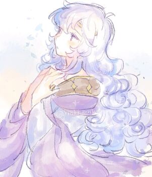 1girl circlet deirdre_(fire_emblem) expressionless fire_emblem fire_emblem:_genealogy_of_the_holy_war fluffy_hair from_side hands_on_own_chest long_hair looking_ahead mbkmmm nintendo purple_eyes purple_hair simple_background solo twitter_username upper_body white_background