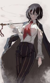 absurdres ascot bell_sleeves black_coat black_hair black_pants coat coat_on_shoulders collared_shirt commentary feet_out_of_frame gold_trim grey_eyes high-waist_pants highres holding holding_smoking_pipe kiseru ld0blev limbus_company long_sleeves looking_down mature_eyes moses_(project_moon) multicolored_hair pants project_moon red_ascot shirt shirt_tucked_in short_hair smoke smoking_pipe streaked_hair the_distortion_detective white_hair white_shirt