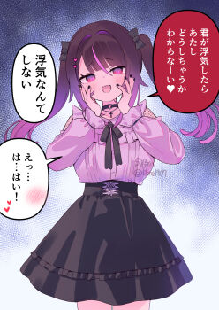 Rule 34 | 1girl, :d, black bow, black choker, black nails, black skirt, blush, bow, brown hair, choker, gradient hair, hair between eyes, hair bow, hair intakes, hands on own face, hands up, heart, highres, jirai kei, long sleeves, looking at viewer, multicolored hair, nail polish, open mouth, original, pink hair, puffy long sleeves, puffy sleeves, purple eyes, purple hair, purple shirt, revision, shirt, skirt, smile, solo, streaked hair, translation request, twintails, twitter username, zenshin