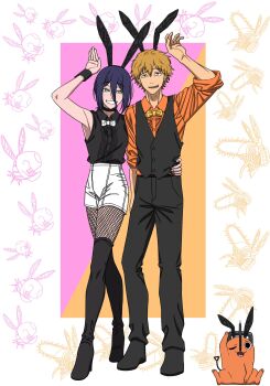 1girl 2boys absurdres amai_(frfs5423) animal_ear_hairband animal_ears black_vest bow bowtie chainsaw chainsaw_man choker collared_shirt commentary_request creature denji_(chainsaw_man) fake_animal_ears fishnets green_eyes grenade_pin hair_between_eyes hair_bun hairband handle highres long_hair_between_eyes long_sleeves multiple_boys pet playboy_bunny pochita_(chainsaw_man) pull_cord rabbit_ear_hairband rabbit_ears reze_(chainsaw_man) sharp_teeth shirt shirt_tucked_in single_hair_bun sleeveless teeth vest white_bow white_bowtie wrist_cuffs yellow_bow yellow_bowtie