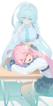 2girls absurdres adversarial_noise ahoge aqua_hair aqua_necktie black_gloves blue_archive breasts chair closed_eyes closed_mouth commentary_request desk gloves grey_skirt hand_up highres hoshino_(blue_archive) large_breasts long_hair long_sleeves looking_at_another multiple_girls necktie on_chair open_mouth pink_hair plaid_clothes plaid_skirt school_desk school_uniform shirt skirt sleeping smile very_long_hair white_shirt yamaharu_(xxzf7284) yume_(blue_archive)