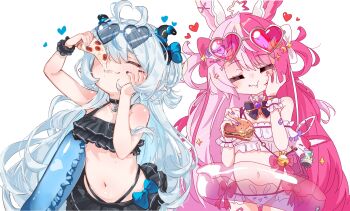 2girls =_= absurdres akugaki_koa animal_ears antenna_hair bikini bikini_skirt black_bikini black_choker black_horns black_nails blue_bow blue_hair blush bow bowtie breasts burger choker chromashift closed_eyes collar crescent crescent_hair_ornament demon_girl demon_horns eating food foodgasm frilled_bikini frilled_collar frilled_wrist_cuffs frills hair_bow hair_ornament hair_rings hand_on_own_cheek hand_on_own_face heart heart-shaped_eyewear heart_antenna_hair highleg highleg_bikini highres holding holding_burger holding_food holding_pizza horns lalabell_lullaby long_hair loving_aura lupinus_lullaby multicolored_hair multiple_girls navel nean_black pendant_choker pink-tinted_eyewear pink_bow pink_hair pink_nails pizza pizza_slice pointy_ears pouch purple_bow purple_bowtie purple_nails rabbit_brooch rabbit_ear_panties rabbit_ears second-party_source small_breasts sparkle_hair_ornament split-color_hair star_ahoge stomach swimsuit tinted_eyewear transparent_innertube two-tone_hair very_long_hair virtual_youtuber white_background white_bikini white_bow white_hair wrist_cuffs