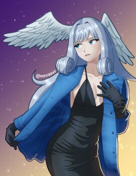Rule 34 | 1girl, aqua eyes, black dress, black gloves, blue jacket, breasts, collarbone, dress, formal clothes, gloves, gradient background, grey hair, hand on own chest, highres, jacket, long hair, looking to the side, medium breasts, melia antiqua, novasvr, open clothes, open jacket, solo, twitter username, wings, xenoblade chronicles (series), xenoblade chronicles 1
