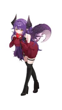 1girl absurdres black_boots boots box breasts closed_mouth commentary detached_sleeves dragon_girl dragon_horns dragon_tail dragon_wings dress fingernails full_body hands_up heart-shaped_box high_heels highres holding holding_box horns large_breasts leaning_forward long_hair long_sleeves looking_at_viewer mini_wings nail_polish parted_bangs pointy_ears purple_hair purple_nails purple_wings red_skirt red_sweater sakihane_huya simple_background skirt sleeveless sleeveless_sweater sleeves_past_wrists solo standing stellive sungnyung15 sweater sweater_dress symbol-only_commentary tail thigh_strap valentine virtual_youtuber white_background wings yellow_eyes