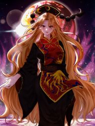 Rule 34 | 1girl, black kimono, blonde hair, breasts, closed mouth, cowboy shot, eyes visible through hair, fire, hair over one eye, highres, japanese clothes, junko (touhou), kimono, light smile, long hair, long sleeves, looking at viewer, medium breasts, moon, parted hair, phoenix crown, phoenix print, pom pom (clothes), purple fire, red eyes, red tabard, solo, standing, tabard, touhou, very long hair, wide sleeves, yoshino (q sci)