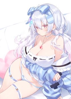 1girl absurdres ahoge arm_under_breasts bandeau bare_shoulders blue_jacket blue_panties bow breasts choker cleavage closed_mouth commentary commission hair_bow highres hiraga_matsuri jacket jewelry large_breasts long_hair long_sleeves looking_at_viewer low_twintails mole mole_under_eye navel necklace no_pants off_shoulder original panties red_eyes sidelocks skeb_commission solo stomach strapless striped_clothes striped_jacket thigh_gap thigh_strap thighs tube_top twintails underwear very_long_hair white_bandeau white_choker white_hair