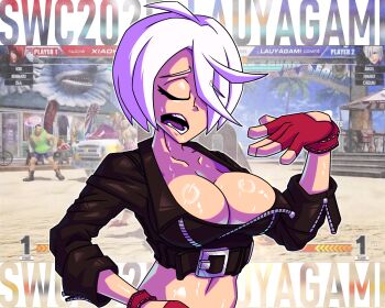 1girl absurdres angel_(kof) bra breasts cleavage closed_eyes crop_top cropped_jacket fingerless_gloves gloves hair_over_one_eye highres jacket large_breasts leather leather_jacket midriff navel reubs_hey short_hair snk solo strapless strapless_bra the_king_of_fighters the_king_of_fighters_xv toned toned_female underwear white_hair