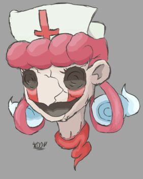 black_eyes commentary cracked_skin cross empty_eyes english_commentary fakemon floating_head grey_background hair_rings hat head_only hitodama horror_(theme) inverted_cross joy_(pokemon) lowres nintendo nurse nurse_cap pink_hair pokemon pokemon_(creature) pokemon_clover severed_head skoombaboom solo unjoy