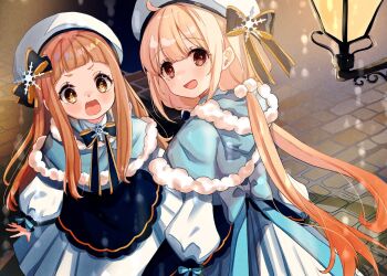 2girls :d beret black_bow blonde_hair blue_capelet blush bow brown_eyes brown_hair capelet commentary_request dress fur-trimmed_hood fur-trimmed_jacket fur_trim futaba_anzu hat hat_bow highres hood hood_down hooded_capelet ichihara_nina idolmaster idolmaster_cinderella_girls idolmaster_cinderella_girls_starlight_stage jacket long_hair long_sleeves low_twintails multiple_girls open_mouth pleated_dress puffy_long_sleeves puffy_sleeves rino_cnc smile twintails very_long_hair wall_lamp white_dress white_hat