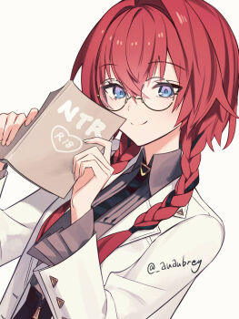 Rule 34 | 1girl, ange katrina, ange katrina (4th costume), aubrey (kyarairo), black-framed eyewear, black hair, black necktie, blue eyes, book, braid, closed mouth, coat, collared shirt, commentary request, dutch angle, glasses, gradient eyes, grey shirt, hair between eyes, hair intakes, hair over shoulder, hands up, highres, holding, holding book, lab coat, long bangs, long hair, long sleeves, looking at viewer, low twin braids, multicolored eyes, multicolored hair, necktie, nijisanji, open book, open clothes, open coat, pleated sleeves, pornography, purple eyes, red hair, round eyewear, shirt, shirt tucked in, simple background, smile, solo, streaked hair, twin braids, twitter username, two-tone hair, upper body, virtual youtuber, white background, white coat