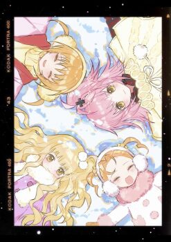 4girls :d ^_^ absurdres black_border blonde_hair border closed_eyes commentary earmuffs facing_viewer hair_ornament highres hinamori_ami hinamori_amu looking_at_viewer lying mashiro_rima multiple_girls on_back open_mouth orange_hair pink_hair pom_pom_(clothes) pom_pom_hair_ornament shugo_chara! siblings sisters smile x_hair_ornament yellow_eyes yuiki_yaya zhangchuyelvsususu