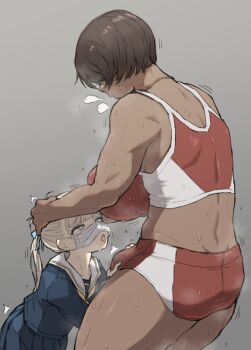 1futa 1girl age_difference black_hair blonde_hair blue_eyes breasts brown_hair bulge clothed_sex dark-skinned_female dark_skin erection erection_under_clothes futa_with_female futanari gym_uniform height_difference highres kei_(m_k) large_breasts long_hair long_sleeves m_k mask mouth_mask onee-loli original ponytail rika_(m_k) short_hair simple_background size_difference standing surgical_mask sweat tall_female tan tomboy