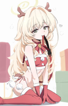 1girl antlers blonde_hair blue_archive breasts christmas closed_mouth commentary donutman fake_antlers fur-trimmed_gloves fur-trimmed_thighhighs fur_trim gloves green_eyes halo highres horns leash long_hair looking_at_viewer mouth_hold panties professor_niyaniya_(blue_archive) red_gloves red_panties red_thighhighs red_tube_top reindeer_antlers side-tie_panties sitting small_breasts solo strapless symbol-only_commentary thighhighs tube_top underwear very_long_hair wariza wavy_hair yellow_halo