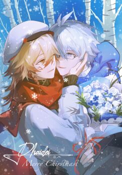 2boys blue_eyes blue_hair blue_scarf commentary earrings english_commentary english_text flower glasses hands_on_another's_cheeks hands_on_another's_face hat highres holding holding_flower honkai:_star_rail honkai_(series) jewelry multicolored_hair multiple_boys mydei_(honkai:_star_rail) orange_eyes orange_hair phainon_(honkai:_star_rail) red_hair red_scarf saninoring scarf ship_name single_earring two-tone_hair white_hat winter winter_clothes yellow_pupils