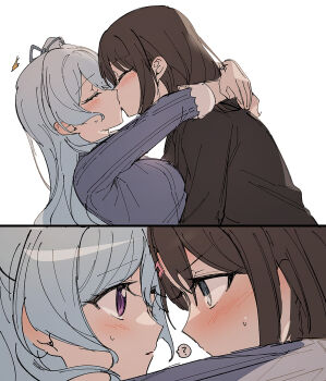 2girls ? bang_dream! black_shirt blue_eyes blue_hair blue_shirt blush brown_hair closed_eyes eye_contact hair_ornament hairclip highres kiss long_hair looking_at_another matsubara_kanon multiple_girls okusawa_misaki opi purple_eyes shirt simple_background spoken_question_mark white_background yuri