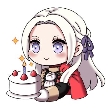 Rule 34 | 1girl, absurdres, birthday cake, blush, cake, cape, chibi, chibi only, edelgard von hresvelg, fire, fire emblem, fire emblem: three houses, food, fruit, garreg mach monastery uniform, gloves, hair ribbon, happy birthday, highres, holding, long hair, nekomoni, nintendo, purple eyes, red cape, ribbon, side cape, smile, solo, strawberry, white hair